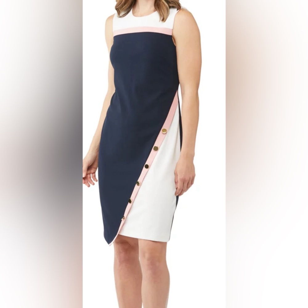 RN STUDIO (RONNI NICOLE) size 4, navy, white & pink, asymmetrical, sheath dress.